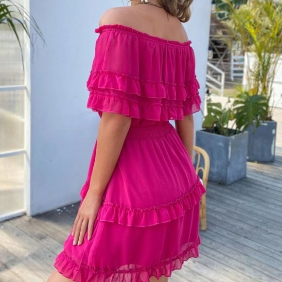 Off shoulder Ruffle Hem Mini Dress hot pink - Picture 4 of 8